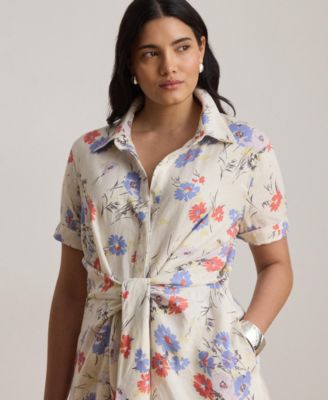 Plus Size Floral Tie-Front Collared Shirtdress