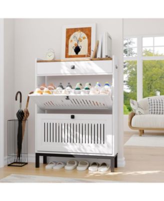 Wooden Shoe Cabinet with 2 Hollow-Panel Flip Drawers and Top Drawer