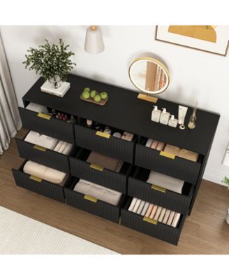Large 9 Drawer Dresser 63-Inch-Wide Wood with Gold Handles for Bedroom Storage