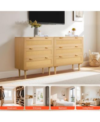 3 Drawer Rattan Dresser - Modern Chest of Drawers with Metal Handles and Wooden Legs, Wood Clothing Storage Closet for Bedroom