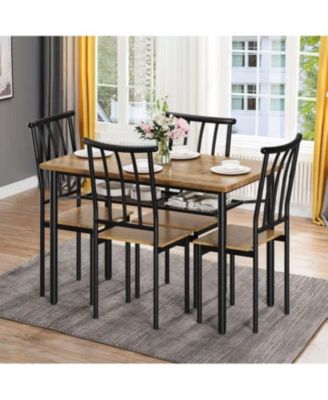 5-Piece Rustic Wood and Metal Rectangular Dining Table Set with Storage Rack