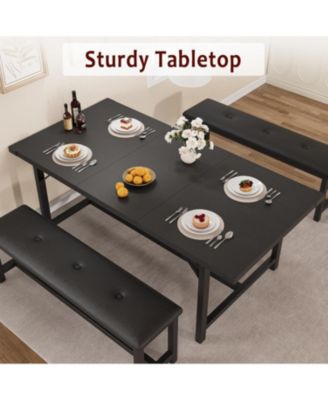 3-Piece 63" Extendable Rectangular Dining Table Set with Metal Frame and 2 Benches