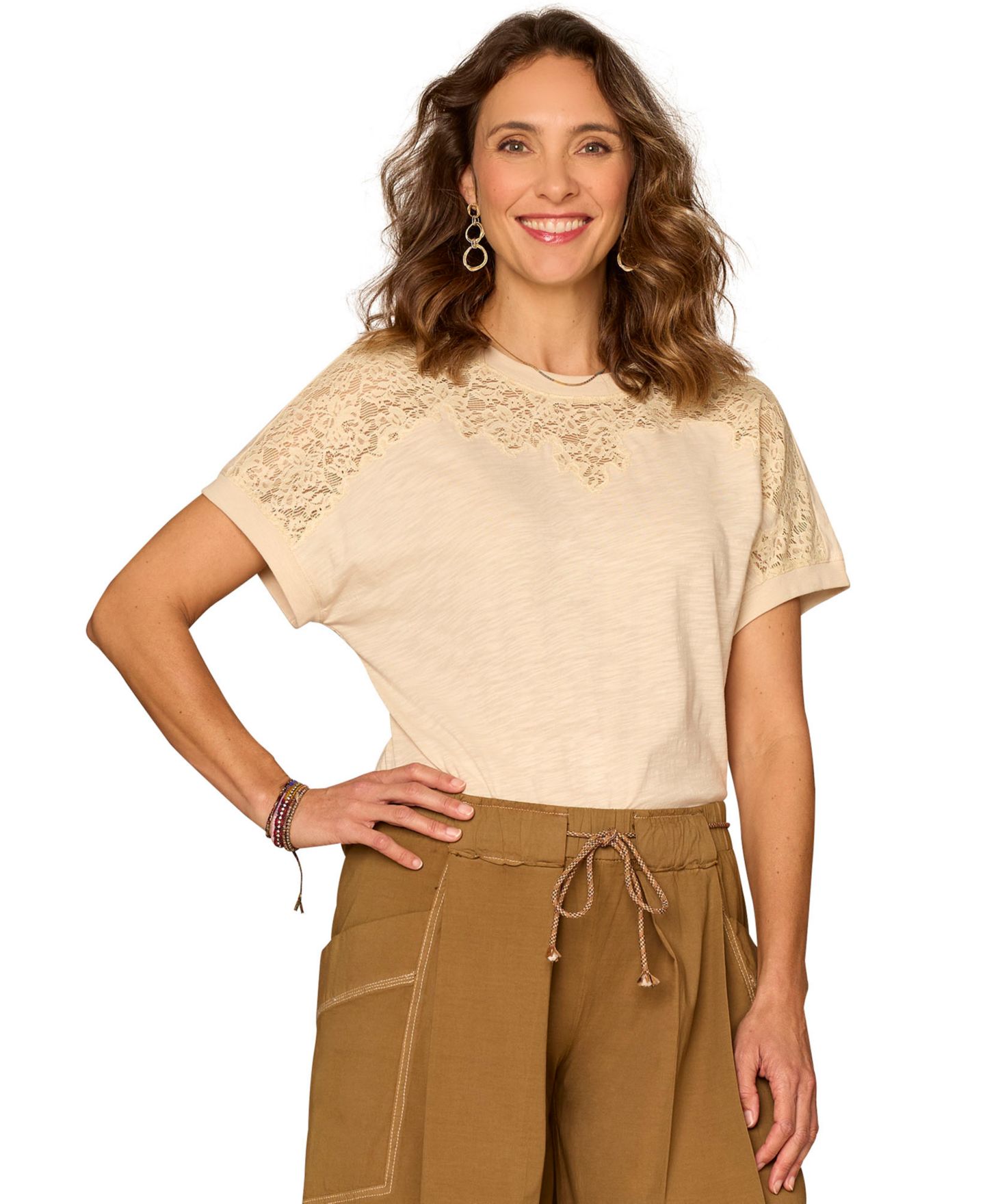 Democracy Petite Lace-Trim Crewneck Knit Top, цвет: Мягкий льняной — фото 1