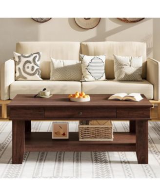 Light Wood Coffee Table with Drawer, 472" Center Table with Storage Shelf, Rustic Coffee Tables Long Living Room Furniture, Sturdy and Easy