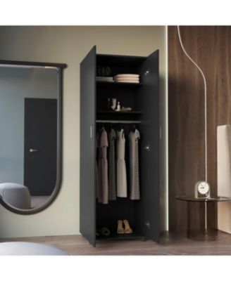 Cluster 63inch Tall Wardrobe with Mirror Three Shelves Casters and Hanging Rod Bedroom Clothes Storage Cabinet Organizer