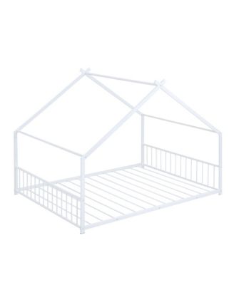 White Metal House Bed with Roof Design Semi Enclosed Space and Integrated Slat Support