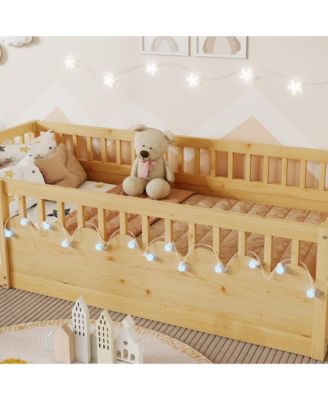 Montessori Wood Floor Bed With LED Light Storage Shelf High Rails