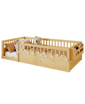 Montessori Wood Floor Bed With LED Light Storage Shelf High Rails