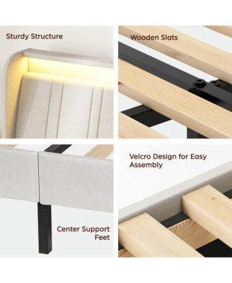 Platform Bed Fabric Upholstered Headboard Wood Slats USB Charging