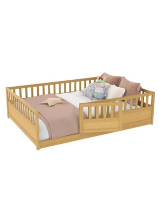 Montessori Floor Bed With Support Slat High Barrier Door Natural Wood For Kids