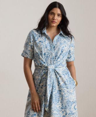 Plus Size Paisley Tie-Front Linen Shirtdress
