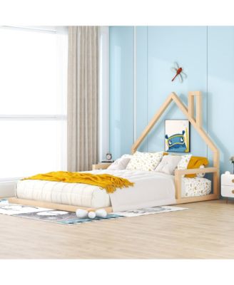 Wood Floor Bed House Shaped Headboard Chimney Pine Wood MDF