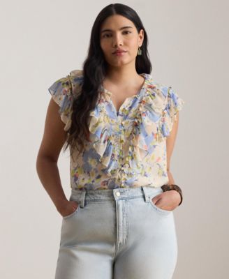 Plus Size Floral Ruffle-Trim Georgette Shirt