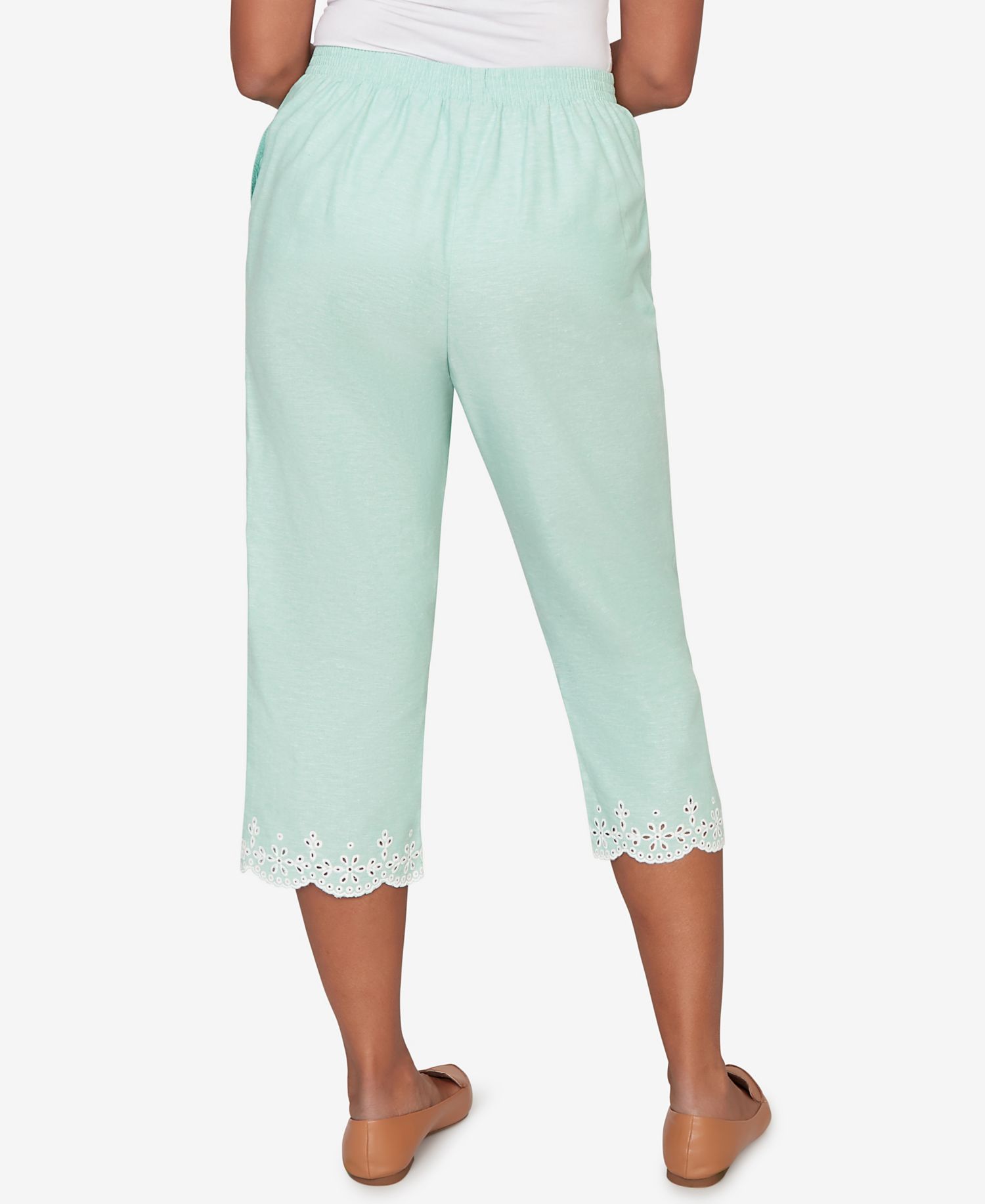Women's Caribbean Blues Eyelet Embroidered Cuff Capri Pants