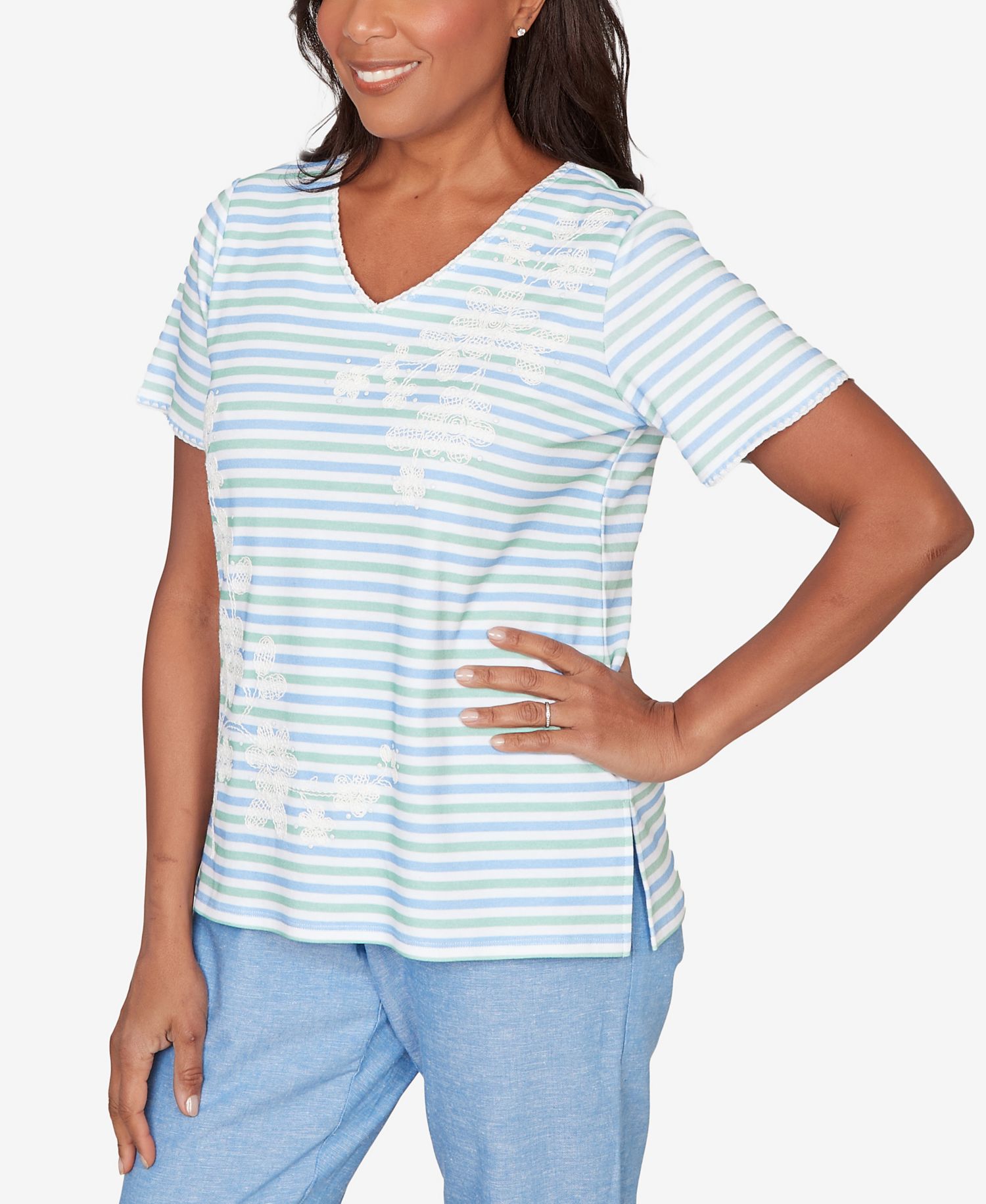 Women's Caribbean Blues Highlight Flower Striped T-Shirt