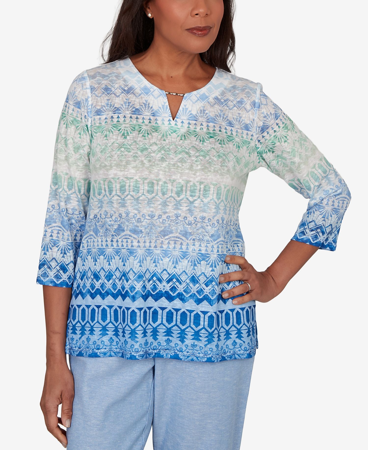 Women's Caribbean Blues Ombre Biadere Split Neck Top