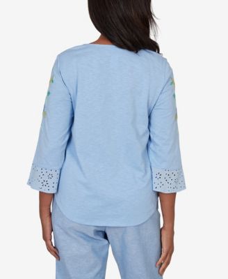Petite Caribbean Blues Floral Embroidered Split Neck Top