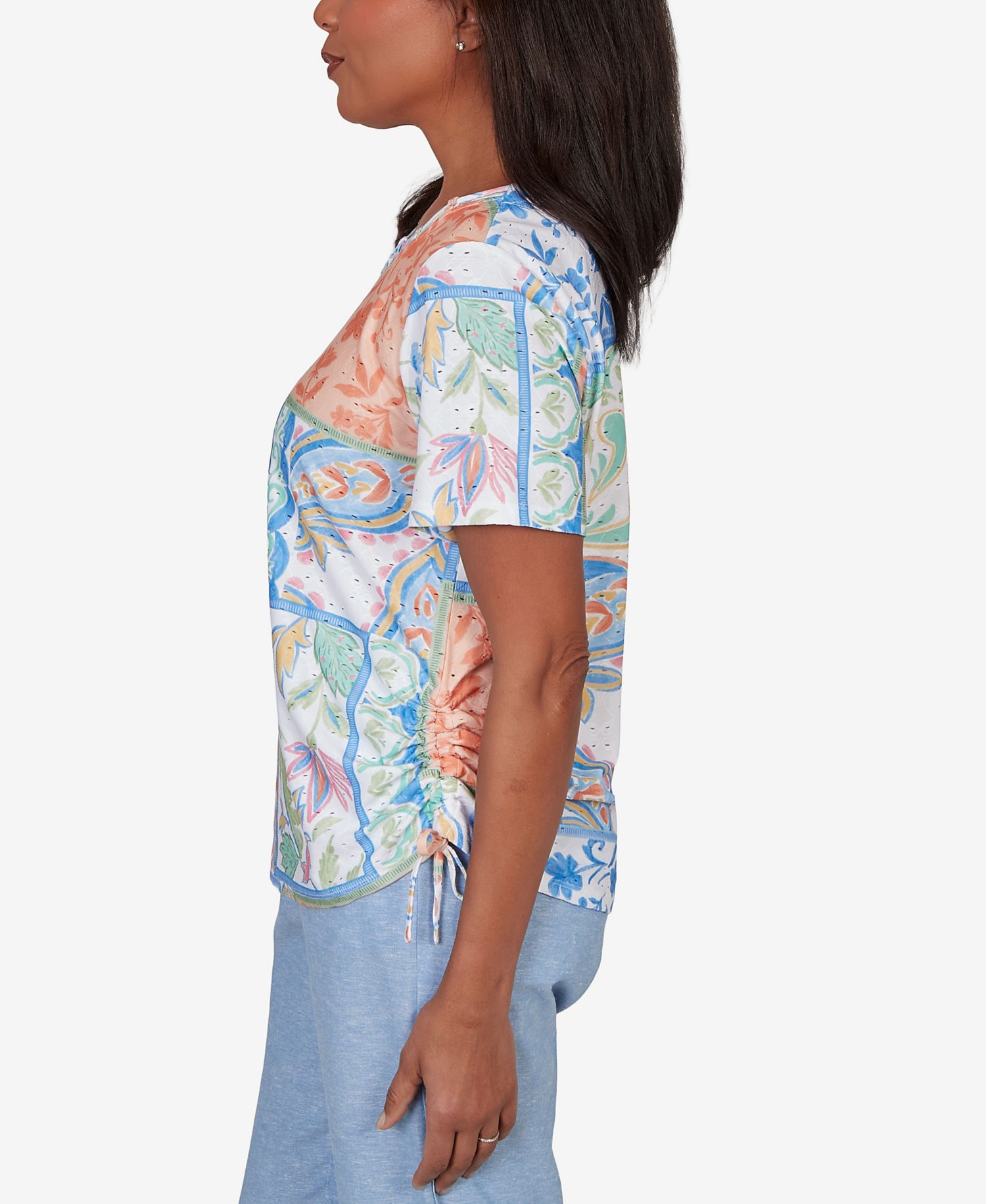 Petite Caribbean Blues Patchwork Scroll Side Tie Ruched T-Shirt