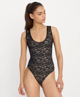 Women's Stretch Lace Scoop Neck Tank Bodysuit, Regular & Plus Size