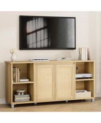 63" Mid-Century Modern TV Stand Rattan Door Entertainment Center with 2 Storage Cabinets & 3 Open Shelves, Media Console for Living