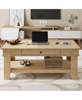 Light Wood Coffee Table with Drawer, 472" Center Table with Storage Shelf, Rustic Coffee Tables Long Living Room Furniture, Sturdy and Easy