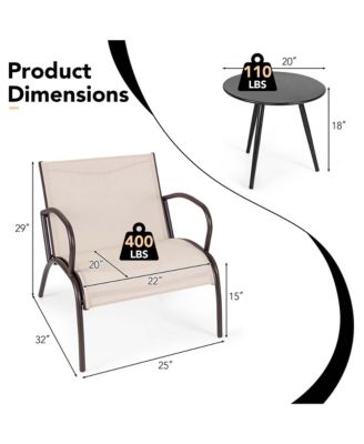 3 Piece Patio Chair Set Curved Fabric Seat Round Coffee Table for Backyard