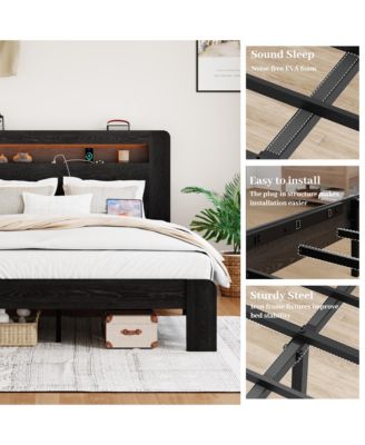 Wood Platform Bed Dark LED Storage Headboard 2 USB Charging Noise Free