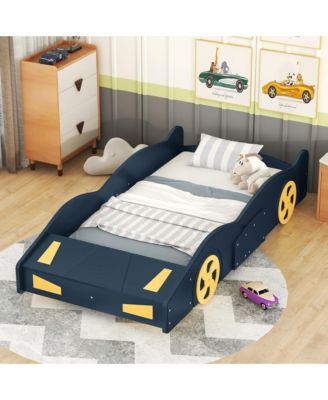 Race Car Shaped Platform Bed Dark Wheels Storage Pine Wood