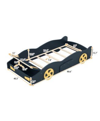 Race Car Shaped Platform Bed Dark Wheels Storage Pine Wood