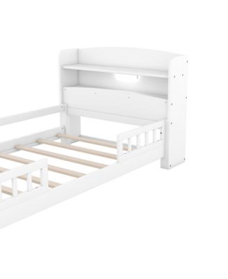 Wood Platform Bed LED Light Storage Headboard Guardrail Pine Wood