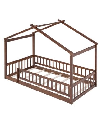 Wood House Bed Walnut Roof Fence Pine Wood Frame 7 Slats Kids Teens