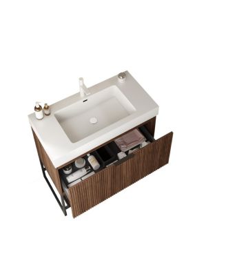 36" Retro Deep Walnut Plywood Freestanding Bathroom Vanity Cabinet, No Basin, 1 Full-Extension Drawer And Open Towel Shelf