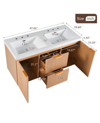 47.24" Brown Modern MDF Double Sink Floating Vanity With SMC Top, Soft-Close Doors, Divided Drawers
