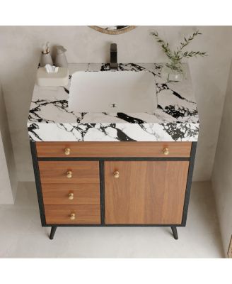 29.9" Freestanding Bathroom Vanity with Stone Gray Sintered Stone Top, Ceramic Sink, Soft Close Drawers & Storage Cabinet