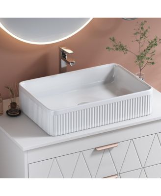 20.1" White Rectangular Ceramic Vessel Sink, Modern Drop-In Bathroom Basin with Vertical Stripe, Contemporary Style
