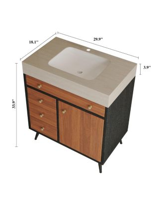 29.9" Freestanding Bathroom Vanity with Stone Gray Sintered Stone Top, Ceramic Sink, Soft Close Drawers & Storage Cabinet