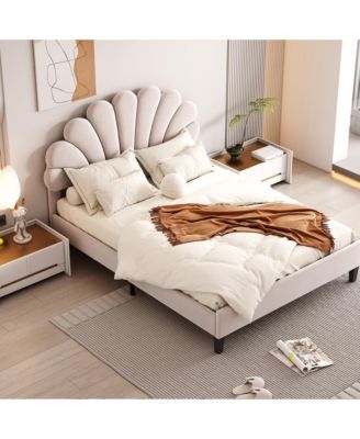 Upholstered Platform Bed Flower Pattern Velvet Headboard No Box Spring Needed