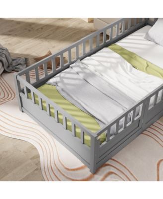 Montessori Wooden Floor Bed With Support Slat High Barrier And Door For Kids