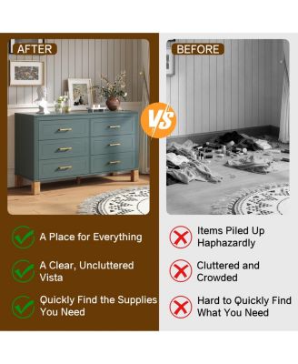 6 Drawer Double Dresser Modern Mid Century Storage Cabinet and Solid Wood Legs Metal Handles for Bedroom Kids Room Living Room