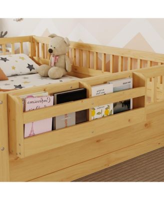 Wood Montessori Floor Bed with High Rails LED Light and Reversible Storage Shelf