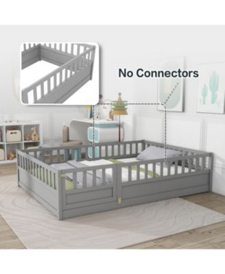 Montessori Wooden Floor Bed With High Security Barrier And Door For Kids Bedroom