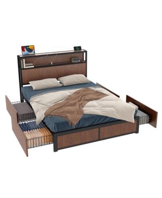 Wooden Platform Bed With Multiple Drawers Storage Socket Wood