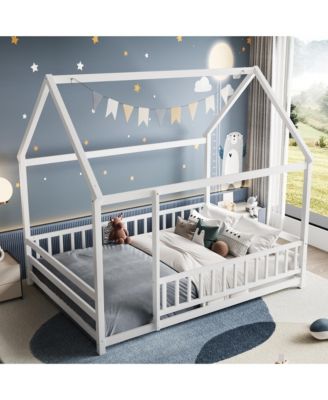 Wooden Floor Bed With House Roof Frame And Fence Guardrails For Kids