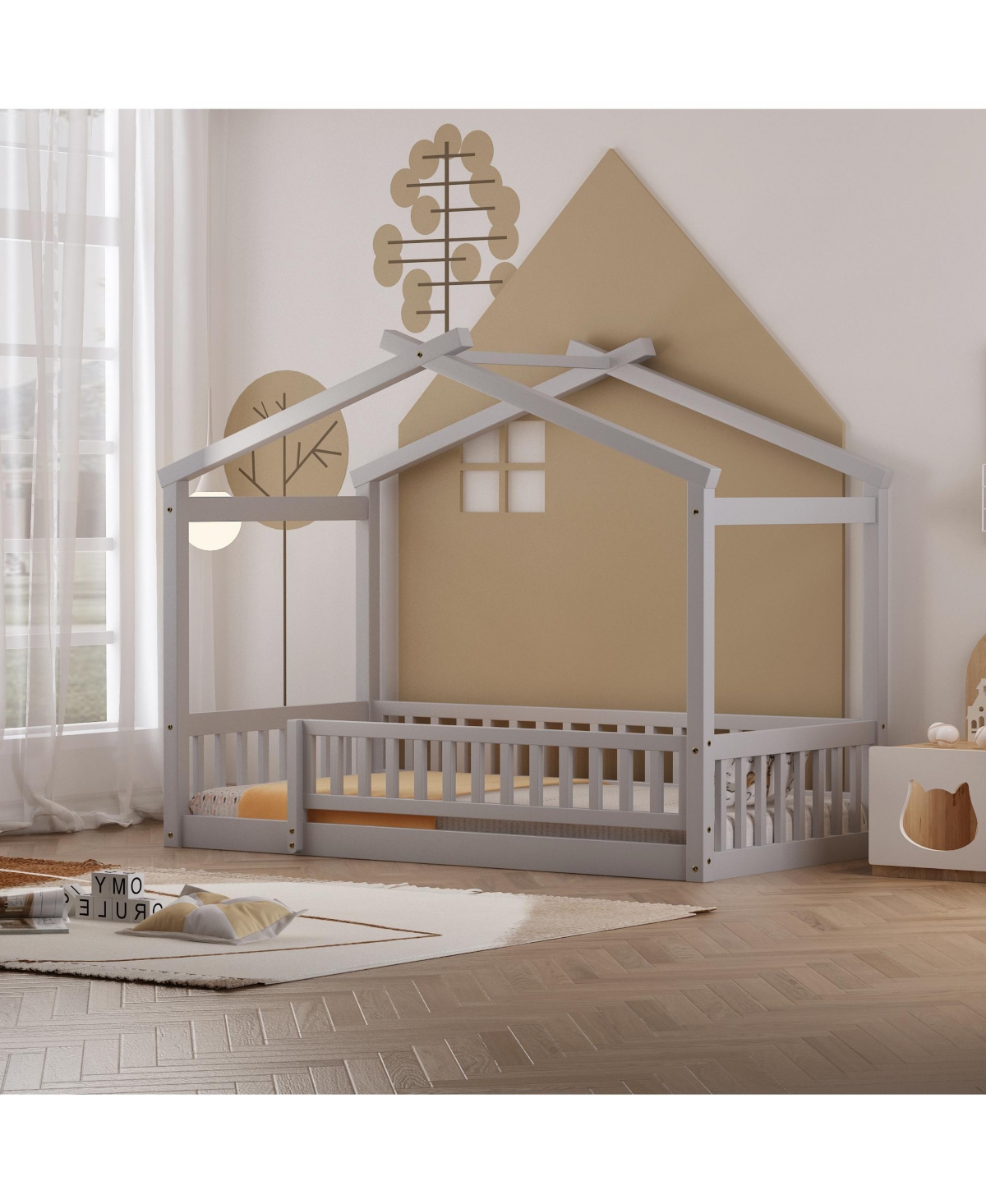 flynama Wood House Bed Roof Fence Pine Wood Frame 7 Slats Kids Teens