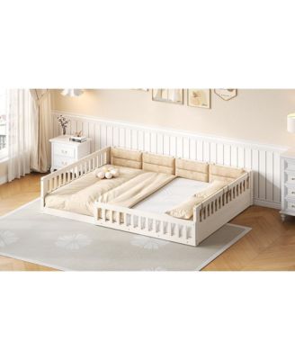 Wood Upholstered Platform Bed Guardrail Fluffy Pillows Pine Wood MDF