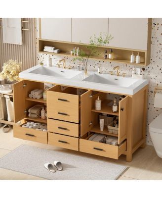 59.3" Brown Modern Wood Solid Wood MDF Double Sink Vanity With Dual SMC Sinks, 4 Doors 5 Drawers Soft-Close