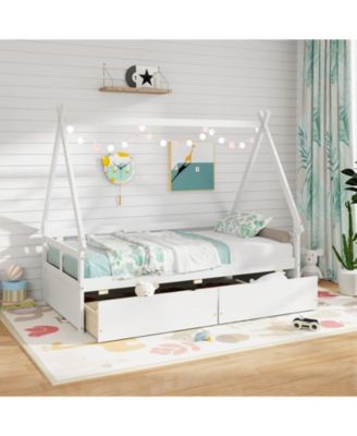 Twin Size House Bed with Roof Design and Safety Guardrails