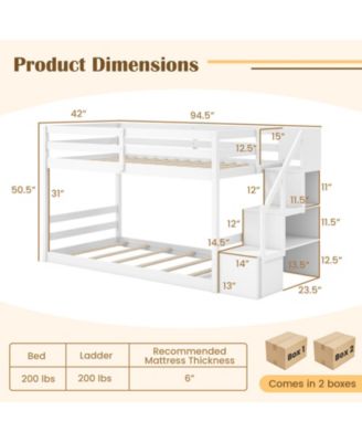 Twin Over Twin Low Bunk Bed with Storage Stairs Solid Wood