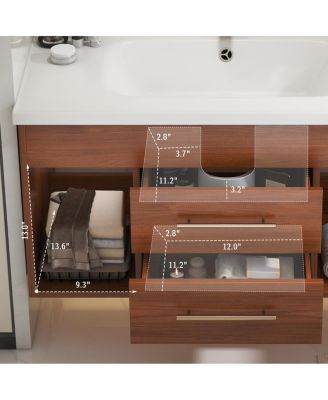 35.4" Mid-Century Wall Mounted Bathroom Vanity with Integrated Ceramic Sink, Walnut Solid Wood, Soft Close Drawers, Open Shelves