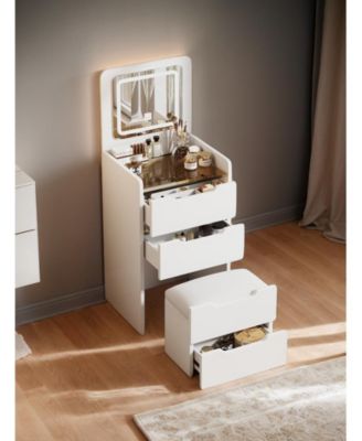 Space Saving Small Vanity Table with Basic Standard Mirror and Cushioned Stool Makeup